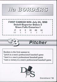 Back of Ila Borders' first win card