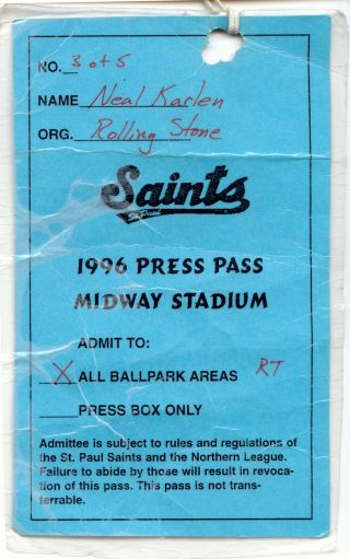 Neal Karlen's 1996 St. Paul Saints press pass