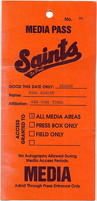 Neal Karlen's 1997 St. Paul Saints press pass