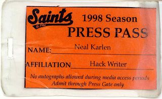Neal Karlen's 1998 St. Paul Saints press pass