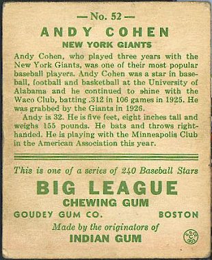 Minneapolis Miller Andy Cohens baseball card (Back)